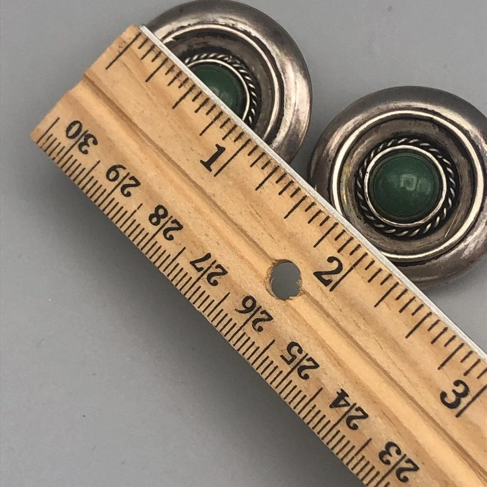 Vintage Sterling Silver Round Disc Earrings with Green Aventurine Clip Ons